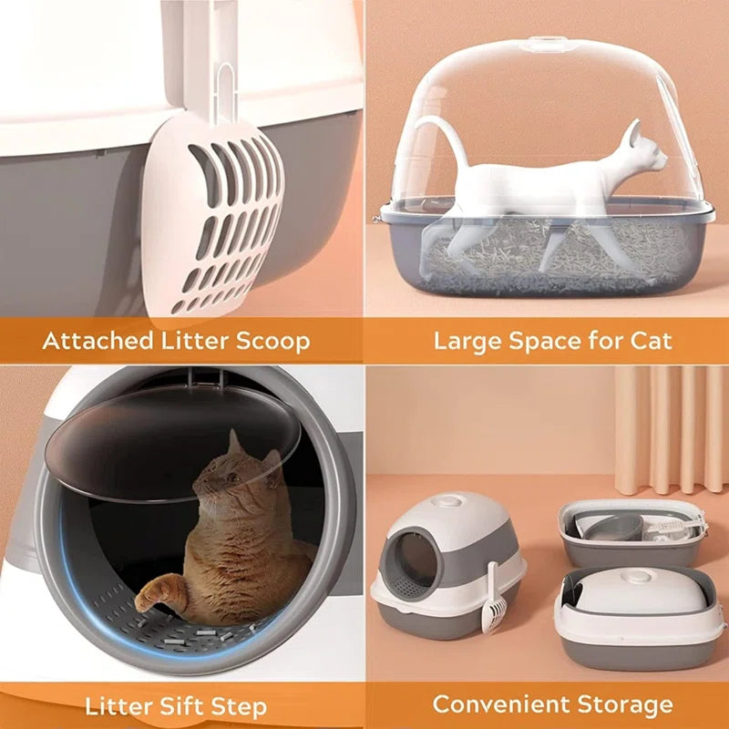 Cat Litter Box with Lid, Covered Litter Box W/ High Sides, Air Freshener, Large Two-Way Entrance Kitty Litter Box, Foldable, Easy Clean, White, and Gray