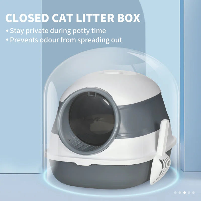 Cat Litter Box with Lid, Covered Litter Box W/ High Sides, Air Freshener, Large Two-Way Entrance Kitty Litter Box, Foldable, Easy Clean, White, and Gray